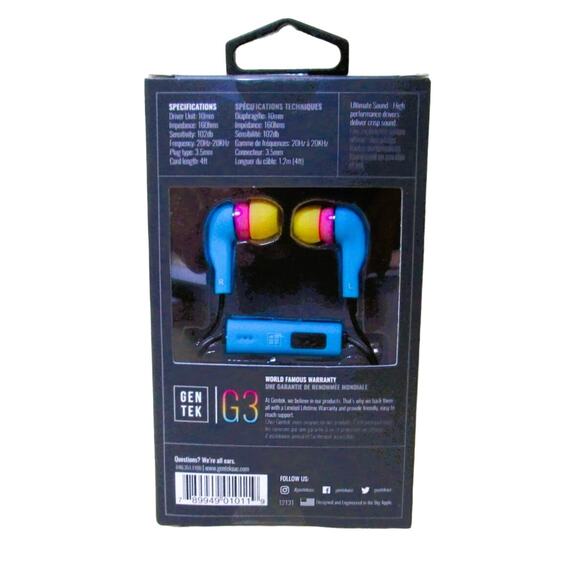 Gentek Stereo Earbuds, G3, In-line Microphone, Yellow, Pink, and Blue - Picture 2 of 2